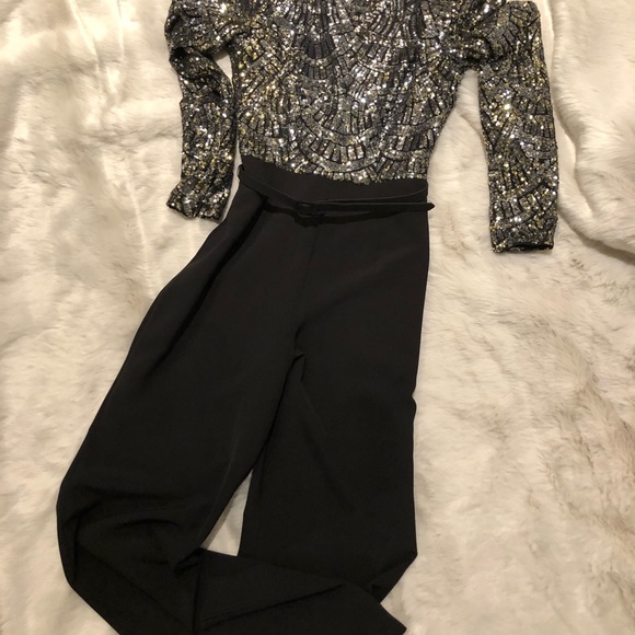 VINCE CAMUTO Belted Sequin & Crepe Jumpsuit - Picture 4 of 6